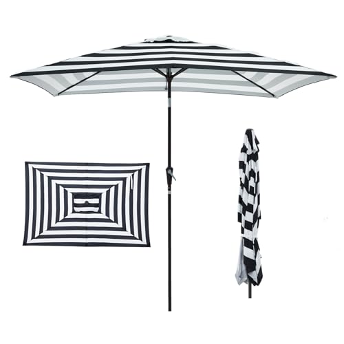 JEAREY 6.5x10 ft Rectangular Patio Umbrellas Rectangle Outdoor Umbrella with Push Button Tilt and Crank, Market Table Umbrella 6 Sturdy Ribs UV Protection for Poolside Garden Backyard Deck, Black-White Stripe