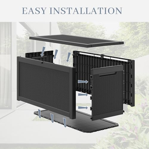 WTFGO 320 Gallon Outdoor Storage Box, Resin Deck Boxes Outdoor Waterproof For Patio Furniture, Garden Tools, Pool Supplies, Lockable And UV Resistant (Rattan Black)