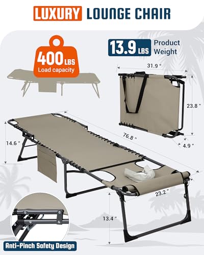 KingCamp Tanning Chair with Face Hole, Lounge Chairs Outdoor Folding Comfy Adjustable 5-Position Lay Flat Foldable Chaise Chaser Lounger for Outside Beach Patio Sun Bathing Pool, Beige