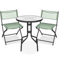 Best Choice Products 3-Piece Patio Bistro Dining Furniture Set w/Textured Glass Tabletop, 2 Steel Folding Chairs, Polyester Fabric - Sage