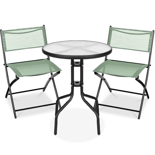 Best Choice Products 3-Piece Patio Bistro Dining Furniture Set w/Textured Glass Tabletop, 2 Steel Folding Chairs, Polyester Fabric - Sage