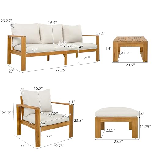 Christopher Knight Home Kayahs 5 Pieces Acacia Wood Furniture Set, Patio Conversation Sofa Chat Set with Coffee Table and Ottoman, Outdoor Sectional Sofa Set for Backyard Balcony, Teak Finish+Beige