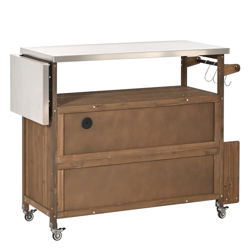 Christopher Knight Home Edsel Outdoor Bar Cart with Stainless Steel Top and Lockable Wheels, Solid Wood Outdoor Storage Cabinet, Kitchen Island Serving Cart for Poolside, Garden, Natural Brown+Silver
