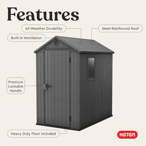 Keter Darwin 4x6 Feet Outdoor Storage Shed, Graphite Gray – Lockable Resin Organizer Unit with Single Door, Window, and Skylight for Backyard, Garden, or Lawn Organization