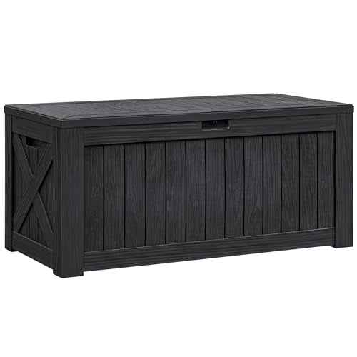 Flamaker Resin Deck Box 120 Gallon Waterproof Large Outdoor Indoor Storage Box Imitation Wood Resin for Patio Furniture Garden Tools and Pool (Black)