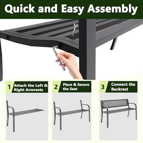 MAKE CHANGES Outdoor Bench, Garden Patio Park Entryway Metal Bench with Comfortable Backrest, Sturdy Heavy Duty Loveseat Front Porch Backyard Lawn Furniture for Outside