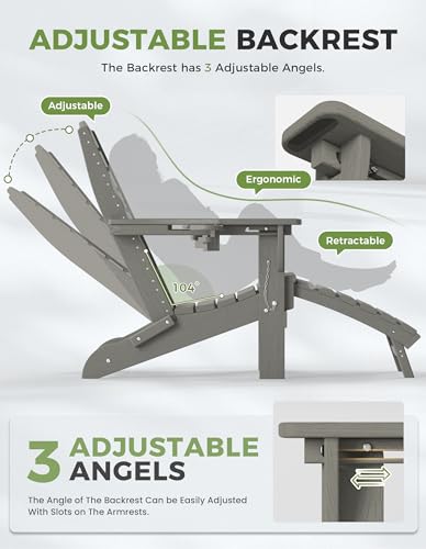 Ciokea Folding Adirondack Chair with Retractable Ottoman Fire Pit Patio Chair with Pull Out Foot Rest Weather Resistant Lawn Outdoor Lounge Chair with 2 Cup Holder (Grey)