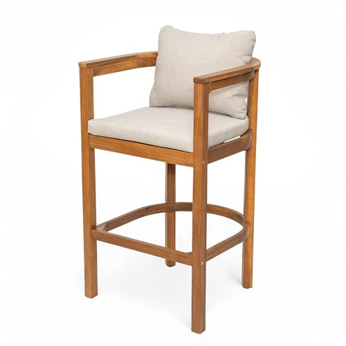 Christopher Knight Home Kuart Acacia Wood Outdoor Bar Stool Set of 2 with Cushion, Patio Armchair Set for Bar Table, Wooden Counter Height Patio Bar Stool with Footrest, Teak+Beige