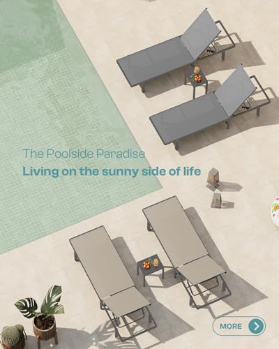 Oasbira Chaise Lounge Outdoor, Aluminum Pool Lounge Chairs with Wheels, 5 Adjustable Backrest - Easy to Move- Outdoor Lounge Chairs for Deck, Beach, Poolside (Khaki)