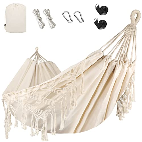 Bellzacasa Double Hammock, Heavy Duty 500 lb Load Capacity Tassels and Fishtail Knitting Portable Camping Hammocks with Mounting Straps for Outdoor Camping Patio Balcony Beige