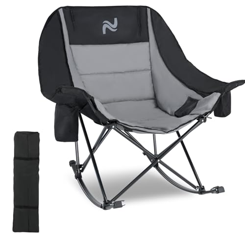 NAIZEA Folding Rocking Camping Chair, Portable Outdoor Rocker with Cooler Bag - 400lbs Capacity, 600D Oxford Fabric, Easy Fold Padded Rocker Chair for Patio, Lawn, Camping, Backyard, Beach