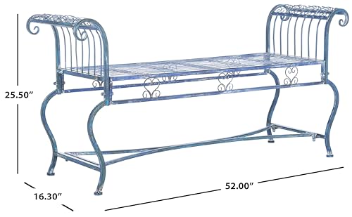 SAFAVIEH Outdoor - Brielle Iron Garden Bench - Mossy Blue - Vintage Ornate Scrollwork Design - Ideal for Patio, Deck, Porch, Garden, 52" W x 16" D x 25.5" H (PAT5004C)