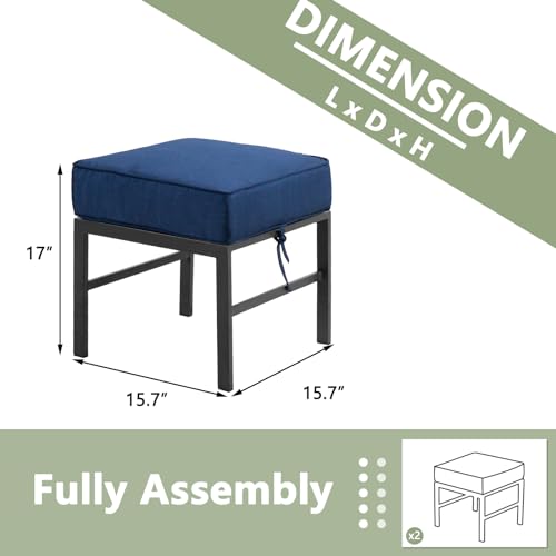 Auzfy 2 Pieces Outdoor Ottomans for Patio, Assembled Patio Ottomans with Bule Cushions, Metal Small Outdoor Footrest for Patio Porch Yard Garden Deck, Gray Frame