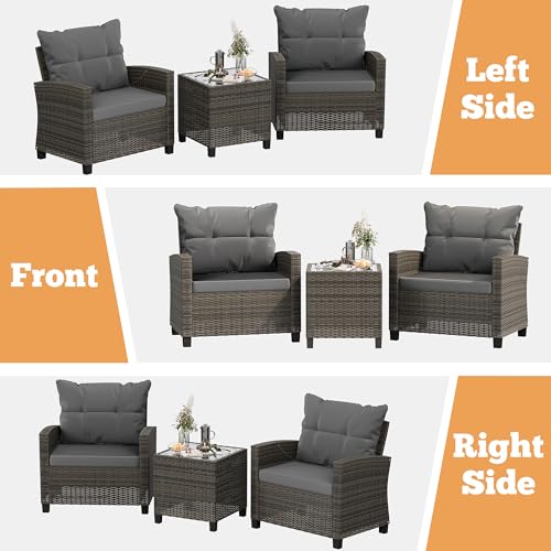 Shintenchi 3 Pieces Patio Furniture Set 3 Pieces PE Rattan Wicker Chairs with Table Outdoor Furniture for Backyard/Garden/Poolside/Outdoor Restaurant Gary Rattan with Gary Cushion