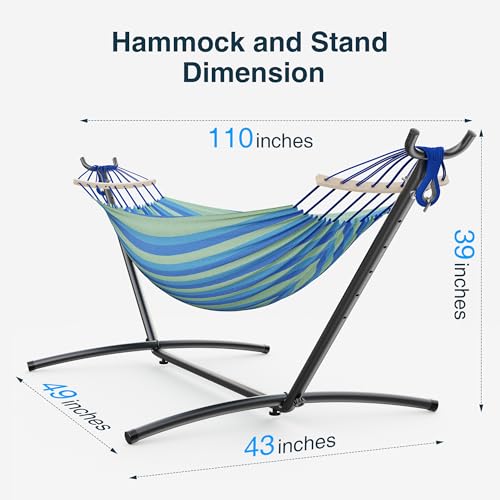 ANAGOO Double Hammock with Stand, 2 Person Hammock with Anti-Rollover Spreader Bar, Adjustable Height Heavy Duty Steel Stand, 500LB Capacity Portable Hammock for Patio Backyard Camping, Wide Blue