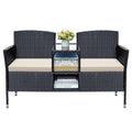 Greesum Patio Loveseat Outdoor Wicker Furniture Conversation Set with Soft Cushions & Built-in Coffee Table for Lawn Garden Backyard, Beige