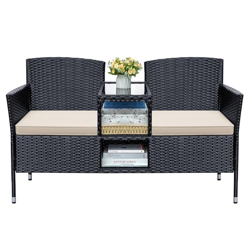 Greesum Patio Loveseat Outdoor Wicker Furniture Conversation Set with Soft Cushions & Built-in Coffee Table for Lawn Garden Backyard, Beige