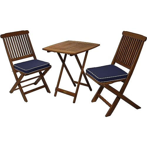 Outdoor Interiors Eucalyptus Wood 3-Piece Square Foldable Bistro Outdoor Furniture Patio Set, Table and 2 Chairs with Cushions, Blue