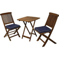 Outdoor Interiors Eucalyptus Wood 3-Piece Square Foldable Bistro Outdoor Furniture Patio Set, Table and 2 Chairs with Cushions, Blue