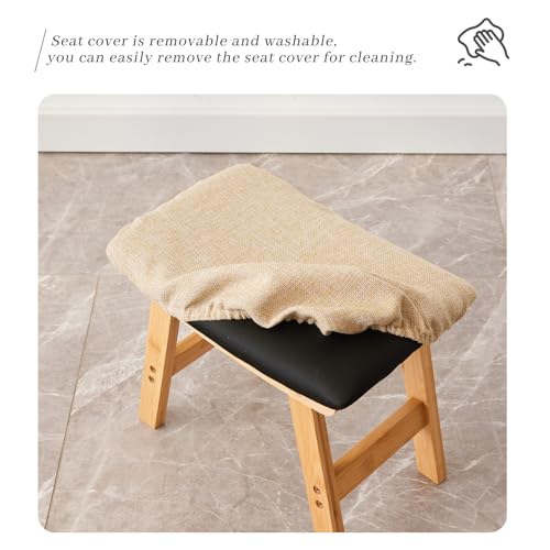 Kitsanery Foot Stool,Ottoman,Bamboo Small Sofa Foot Rest Under Desk,Extra Seating for Living Room, Bedroom and Kitchen (Natural Stool Legs - Beige Surface)