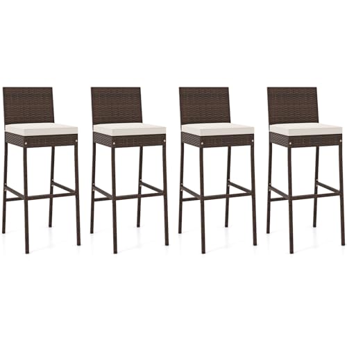 HAPPYGRILL Wicker Patio Barstools Set of 4, Outdoor Rattan Bar Chairs with Footrest & Backrest, Armless High Top Chairs with Seat Cushions for Backyard, Balcony