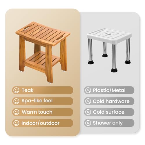 14" Compact Teak Shower Stool with Shelf & Handle - Waterproof, Non-Slip Bath Bench for Small Bathrooms/Tub/Outdoor Use, 300 lbs Capacity (Patented)