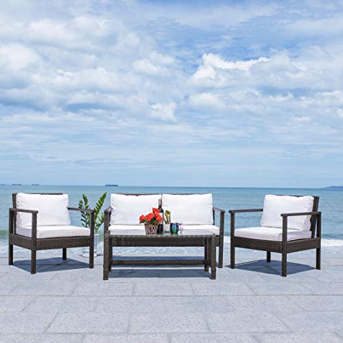 Safavieh Outdoor Collection Garnen Wicker Cushion 4-Piece Living Set PAT7714C, Brown/White