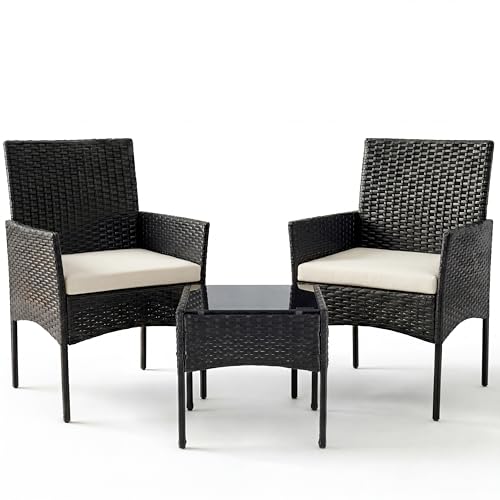 Sweetcrispy 3 Piece Patio Furniture Set, All-Weather Outdoor Wicker Bistro Set with Removable Cushions & Tempered Glass Table, Small Conversation Seating for Porch, Balcony, Deck, Backyard, Black