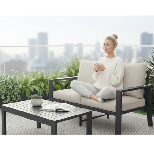 VONZOY Aluminum Outdoor Loveseat with Coffee Table Small Furniture Patio Love Seat Couch Outdoor Chairs with 4" Cushion Loveseats Sofa for Poolside,Balcony,Deck,Yard