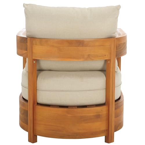 SAFAVIEH Outdoor Patio Furniture Collection - Kento Natural Wood Arm Chair Set of 2 with Taupe Cushions, Wide & Deep Comfortable Seating, Modern Design (PAT7097A)