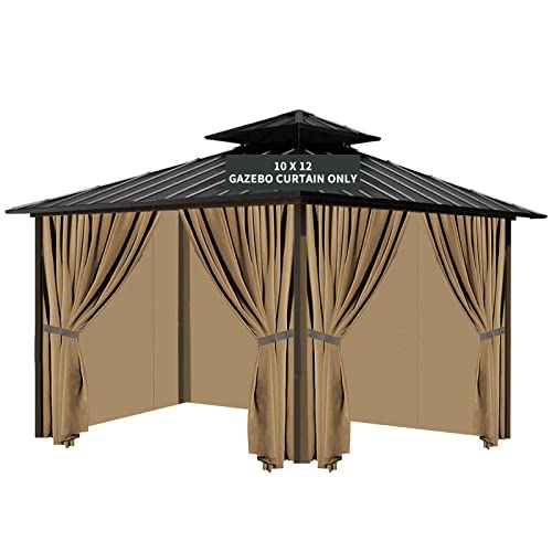 Tngan Gazebo Universal Replacement Privacy Curtain, 10'X12' Waterproof Outdoor Sidewall with Zipper for Patio, Garden and Backyard (4-Panels, Brown)