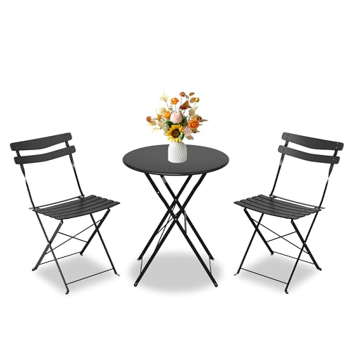 IDEALHOUSE Bistro Table and Chairs Set of 2, 3-Pieces Patio Bistro Set, Folding Design, No Assembly Need, Outdoor/Indoor Outdoor Patio Furniture Set for Balcony Yard Garden, Black