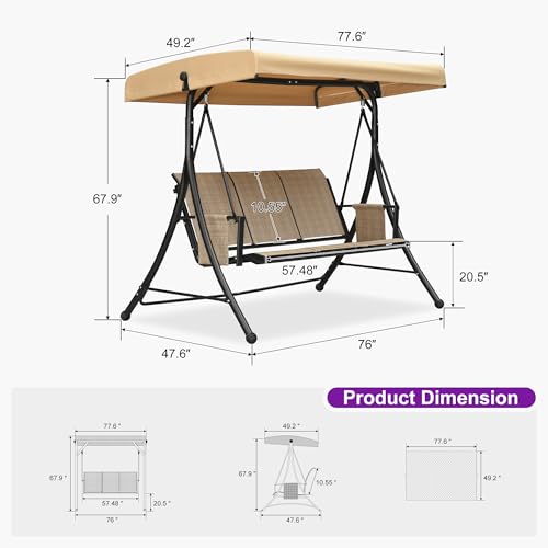 PURPLE LEAF 3-Seat Patio Swing with Stand and Meatl Steel Frame Porch Swing with Adjustable Tilt Canopy All-Weather Outdoor Swing Chair Seat for Backyard Garden Deck Balcony (Khaki)