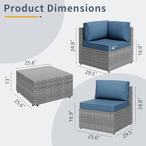 SUNLEI Outdoor Patio Furniture Set 5 Pcs, Rattan Balcony Furniture with Backrest Glass Table & Washable Cushions Small Conversation Patio Set with Sectional Design (Silver/Navy Blue)