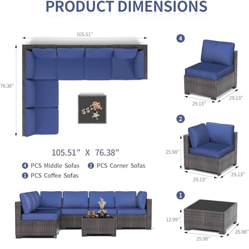 TrailBlaze 7-Piece Outdoor Patio Sectional Sofa Set - All-Weather PE Rattan Wicker Conversation Furniture with Thick Navy Blue Cushions & Glass Top Coffee Table - for Garden, Balcony, Porch - Brown