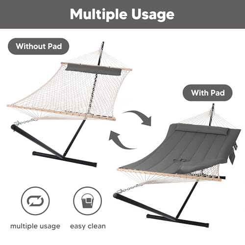 SUNCREAT Double Outdoor Hammock with Stand, Carrying Bag, Two Person Cotton Rope Hammock with Polyester Pad, Dark Gray