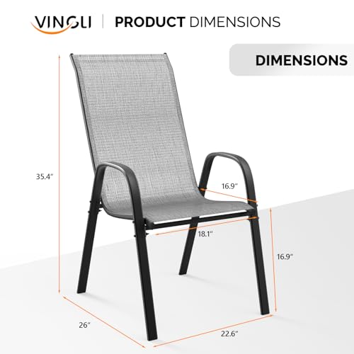 VINGLI Set of 2 Stackable Outdoor Bar Stools – Sling Chairs with High Back & Armrests, for Lawn, Garden, Bar, Grey