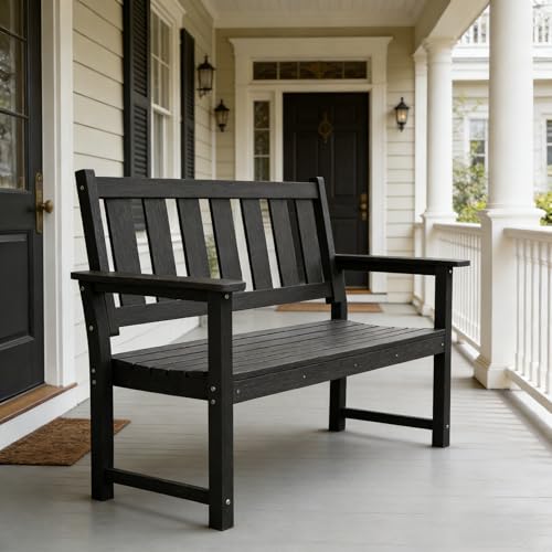 ACUEL 50" Poly Lumber Outdoor Bench, 2-Person HDPE Weatherproof Patio Garden Bench with 800 lbs Weight Capacity, Multi-Purpose Design Ideal for Porch, Backyard, Lawn, Park, Balcony and School (Black)