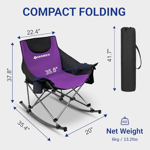 KINGROCK Oversized Rocking Camping Chair with Headrest and Carry Bag, 260LBS Capacity Folding Portable Camp Chairs for Adults, Recliner for Outdoor, Beach, Fishing, Travel, Sports Games,Purple