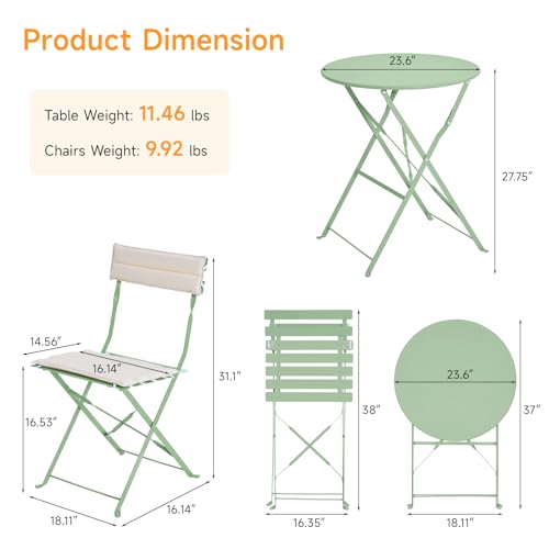 Bistro Table and Chairs set of 2, 3 Piece Folding Outdoor Patio Bistro Set with Comfortable Cushions, Weather-Resistant Stable Small Patio Furniture Set for Backyard Balcony Porch Coffee Shop, Green