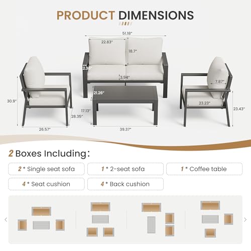 VONZOY Aluminum Patio Furniture Sets Metal Outdoor Furniture Set with Cushion All-Weather Sectional Sofa with Coffee Table for for Backyard, Garden and Poolside Easy Assembly(Beige)