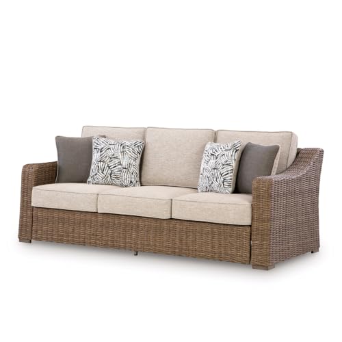 Signature Design by Ashley Carmel Bay Outdoor Sofa, Handwoven Resin Wicker Patio Couch, Rust-Resistant Aluminum Frame, 3-Seater for Backyard or Sunroom, Beige, 84" W