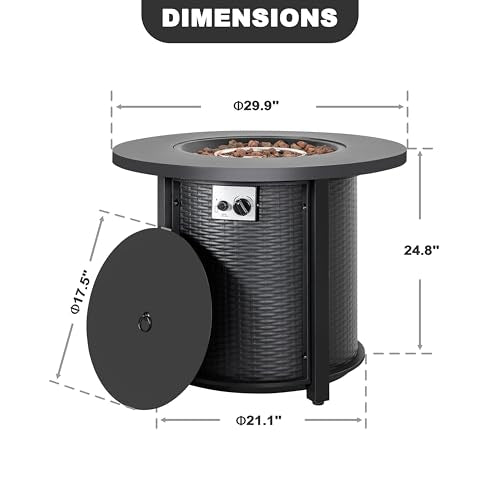 Nuu Garden 30'' Outdoor Round Propane Fire Pit Table, CSA-Certified 2-in-1 Gas Fire Pit with Rattan-Embossed Metal Frame, Stainless Steel Burner, Lid & Lava Rocks, for Patio Dining & Party, Black