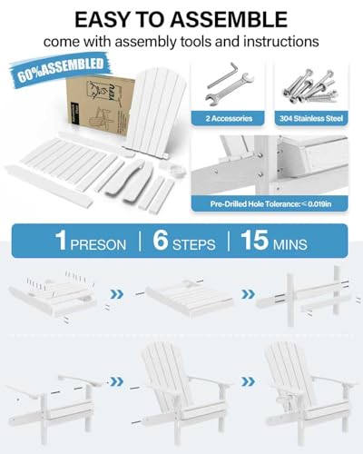YEFU Adirondack Chair Weather Resistant: Outdoor Chair HIPS Plastic Adirondack Chairs - Patio Chairs with Wood Texture - Lawn Fire Pit Deck Porch Garden Chairs for Adults (White)