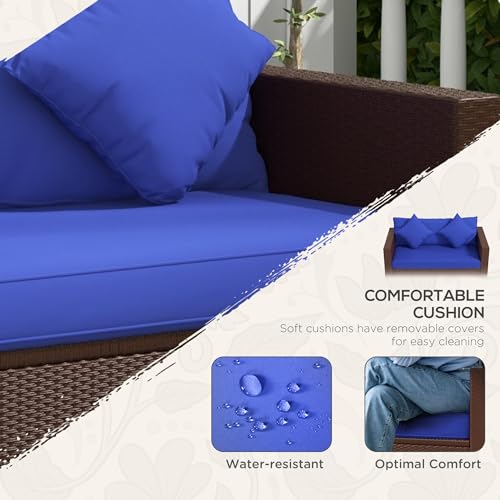 Outsunny Patio Wicker Loveseat with Cushions, 2-Seat Outdoor PE Rattan Couch Sofa with Throw Pillows, for Porch, Backyard, Garden, Poolside, Blue