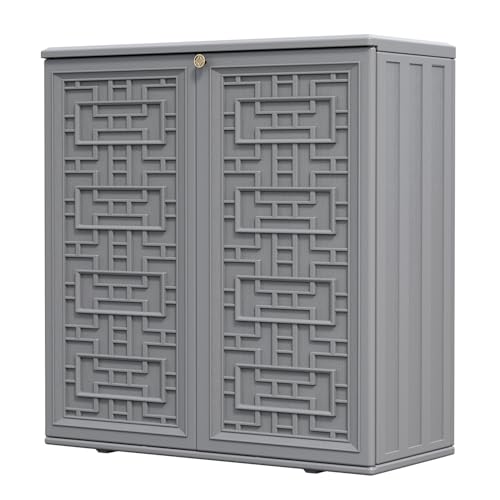 HOMSPARK Indoor/Outdoor Storage Cabinet with Doors and Shelf, 34”x15”x36” HDPE Plastic Storage Box Waterproof for Patio, Garden, Balcony, Multi-Purpose for Daily Tools, Grey