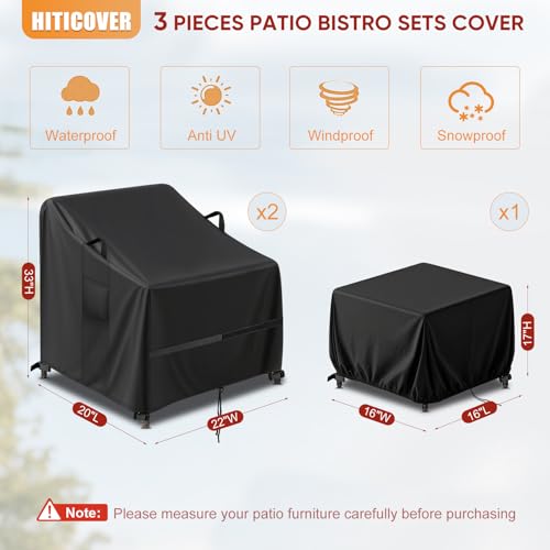 Hiticover Covers for Devoko/Greesum 3 Pieces Patio Furniture Sets Rattan Wicker Chairs with Table,Waterproof Patio 3 Piece Bistro Set Cover, Outdoor Cover for Small Table and Chairs Set of 2