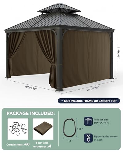 RichSets Gazebo Curtains Outdoor Waterproof - 10'Wx10'Lx7'H Weatherproof Patio Pergola Outside Curtains, Gazebo Universal Replacement Privacy Curtains, 4 Panels Sidewall Drapes with Zipper, Brown