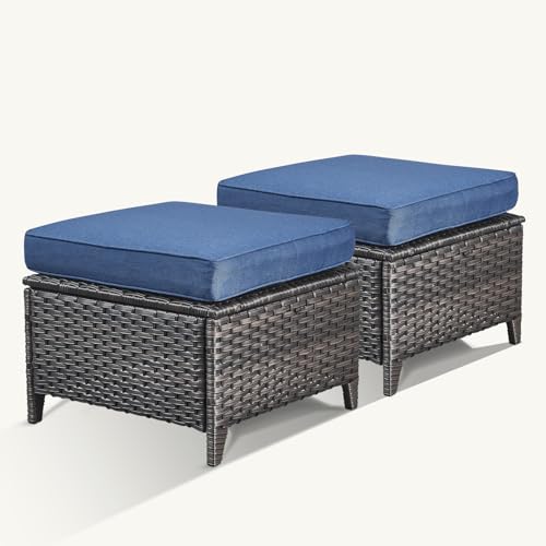 Bellefurn Patio Ottomans Set of 2 Outdoor Ottomans Wicker Foot Stools 2 Piece Footrest PE Rattan Ottomans with Thickened Cushions for Patio Garden Porch Balcony Poolside Deck, Brown|Blue
