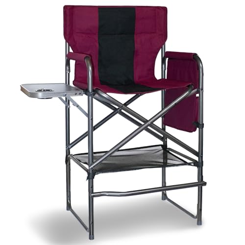 Foristrail 30" Tall Directors Chair with Side Table, 400LBS Bar Height Folding Camping Chair for Makeup Artists, Outdoor Events, Portable Foldable Chair with Cup Holder & footrest - Wine Red/Black
